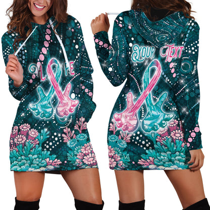 Personalised Hereditary Cancer Support Hoodie Dress Hope Ribbon With Aussie Teal Duncan Coral