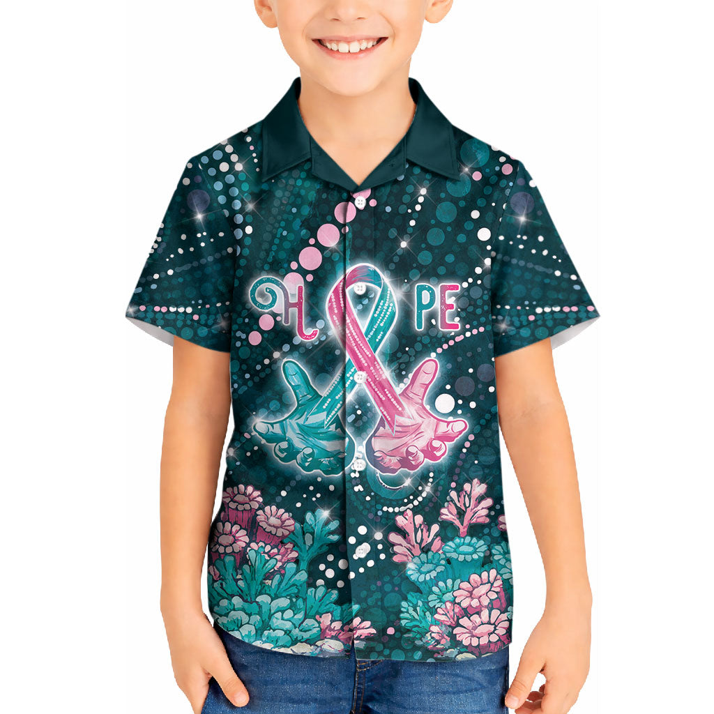 Personalised Hereditary Cancer Support Kid Hawaiian Shirt Hope Ribbon With Aussie Teal Duncan Coral