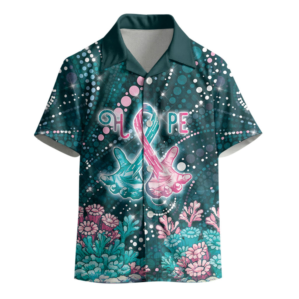 Personalised Hereditary Cancer Support Kid Hawaiian Shirt Hope Ribbon With Aussie Teal Duncan Coral