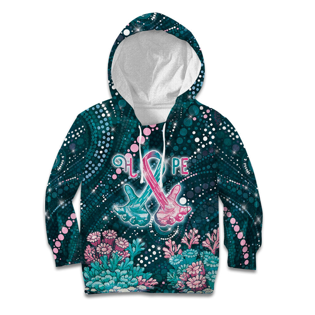 Personalised Hereditary Cancer Support Kid Hoodie Hope Ribbon With Aussie Teal Duncan Coral