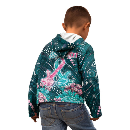 Personalised Hereditary Cancer Support Kid Hoodie Hope Ribbon With Aussie Teal Duncan Coral