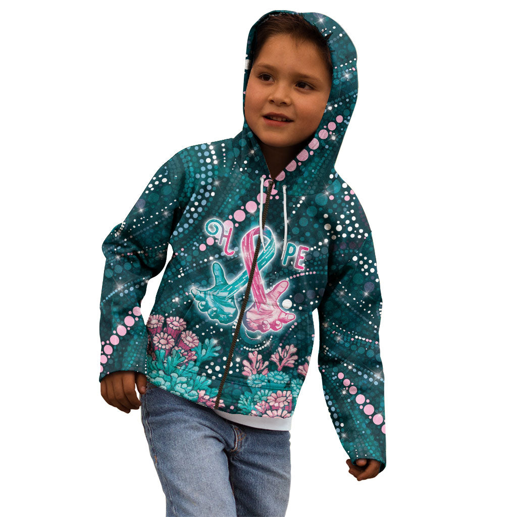 Personalised Hereditary Cancer Support Kid Hoodie Hope Ribbon With Aussie Teal Duncan Coral