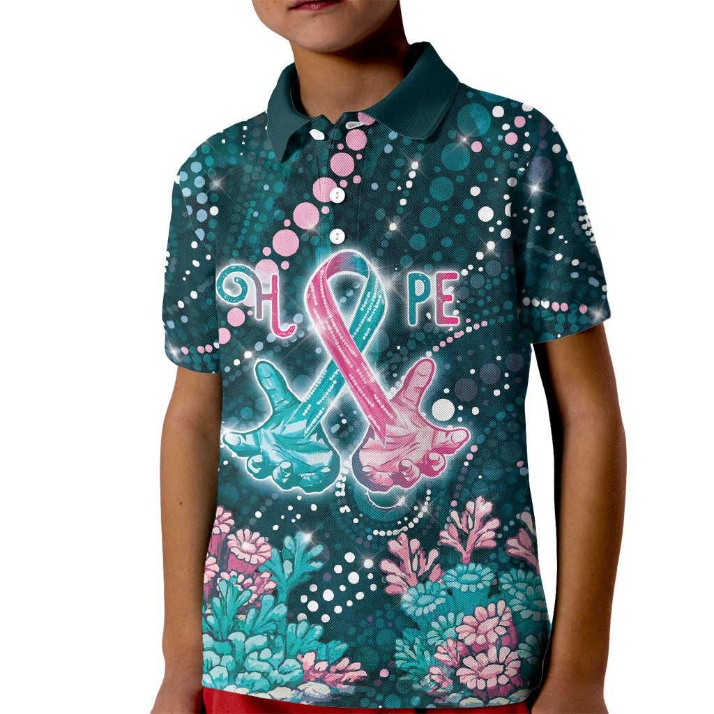 Personalised Hereditary Cancer Support Kid Polo Shirt Hope Ribbon With Aussie Teal Duncan Coral