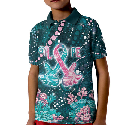 Personalised Hereditary Cancer Support Kid Polo Shirt Hope Ribbon With Aussie Teal Duncan Coral