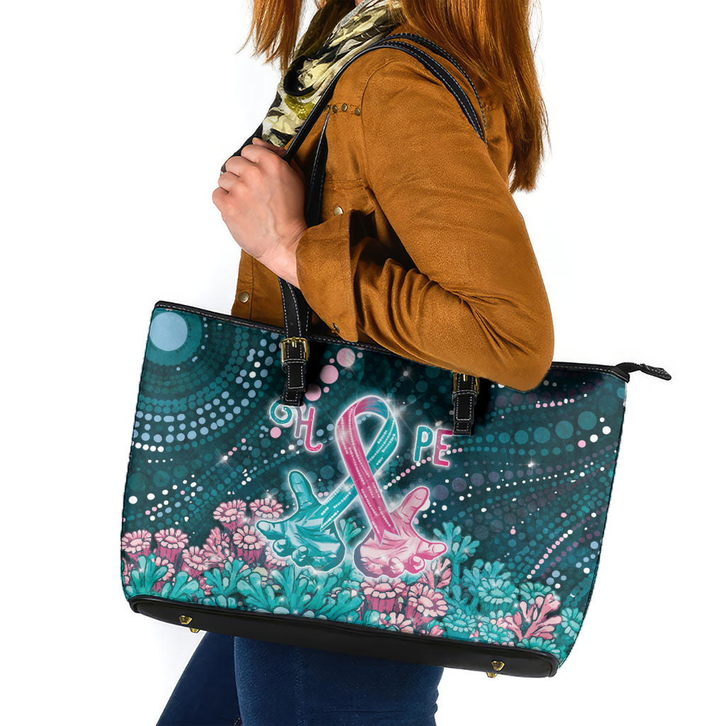 Hereditary Cancer Support Leather Tote Bag Hope Ribbon With Aussie Teal Duncan Coral
