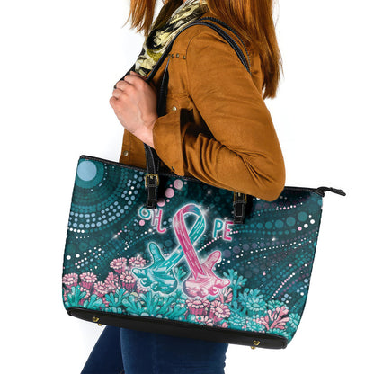 Hereditary Cancer Support Leather Tote Bag Hope Ribbon With Aussie Teal Duncan Coral