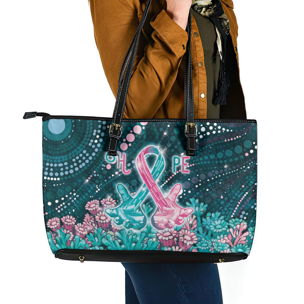 Hereditary Cancer Support Leather Tote Bag Hope Ribbon With Aussie Teal Duncan Coral