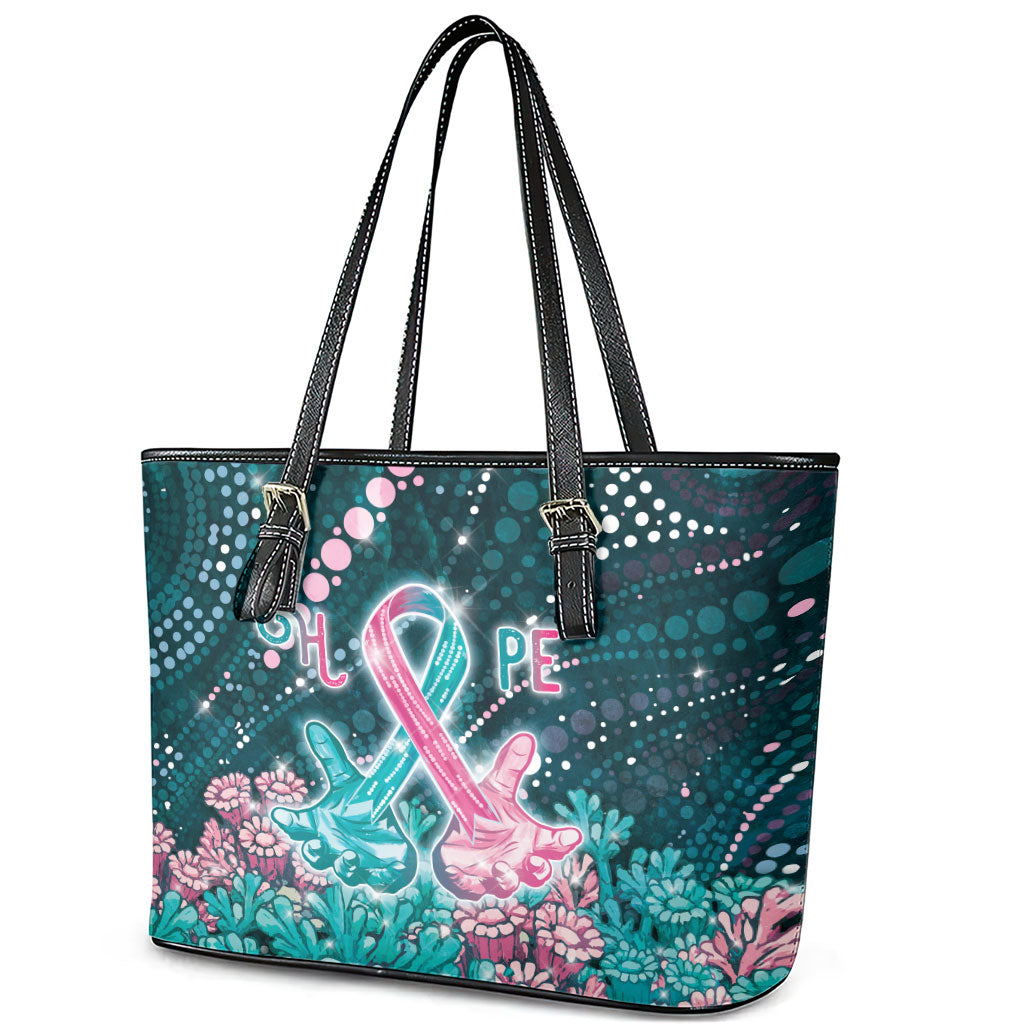 Hereditary Cancer Support Leather Tote Bag Hope Ribbon With Aussie Teal Duncan Coral