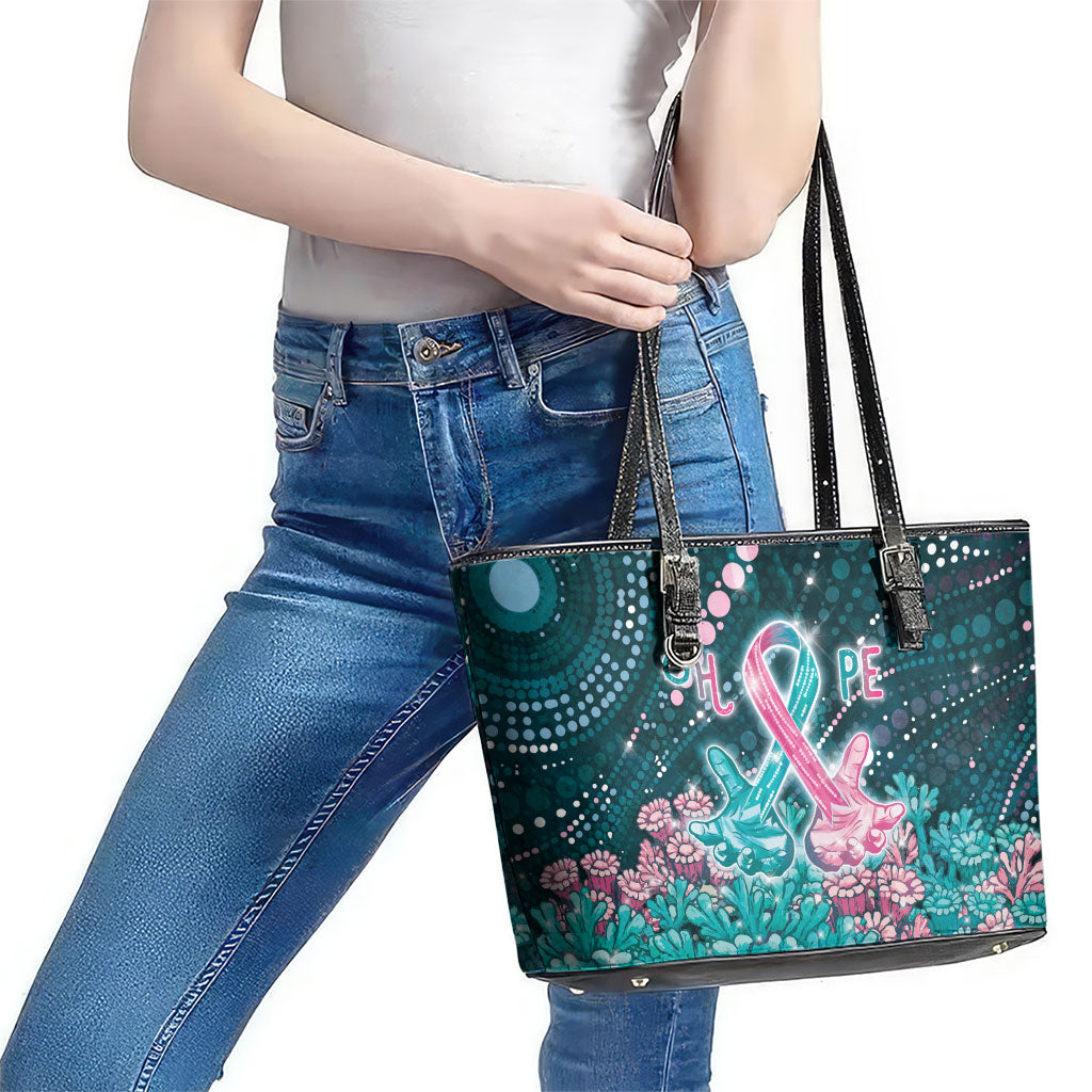 Hereditary Cancer Support Leather Tote Bag Hope Ribbon With Aussie Teal Duncan Coral