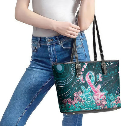 Hereditary Cancer Support Leather Tote Bag Hope Ribbon With Aussie Teal Duncan Coral