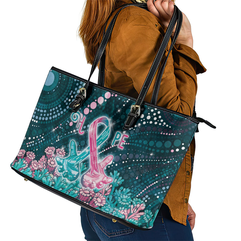 Hereditary Cancer Support Leather Tote Bag Hope Ribbon With Aussie Teal Duncan Coral