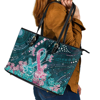 Hereditary Cancer Support Leather Tote Bag Hope Ribbon With Aussie Teal Duncan Coral