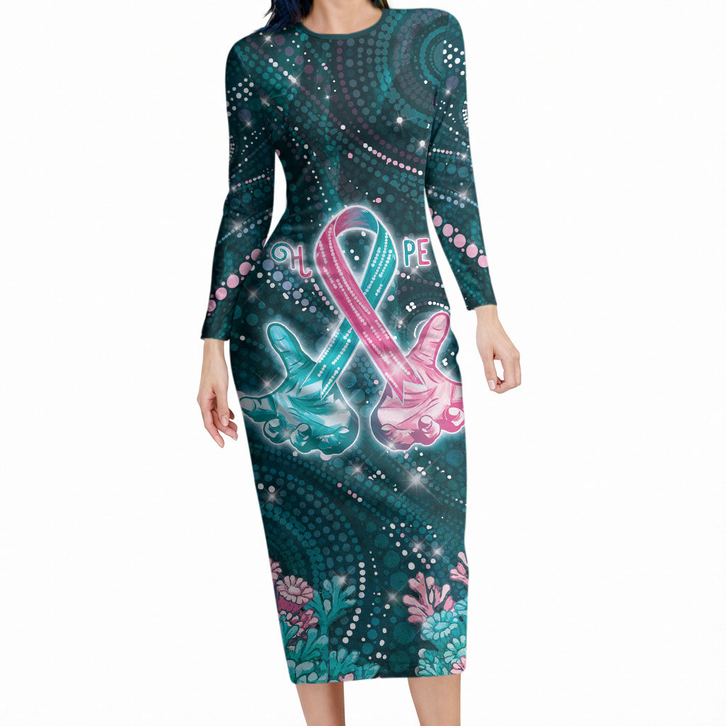 Personalised Hereditary Cancer Support Long Sleeve Bodycon Dress Hope Ribbon With Aussie Teal Duncan Coral