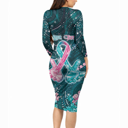 Personalised Hereditary Cancer Support Long Sleeve Bodycon Dress Hope Ribbon With Aussie Teal Duncan Coral