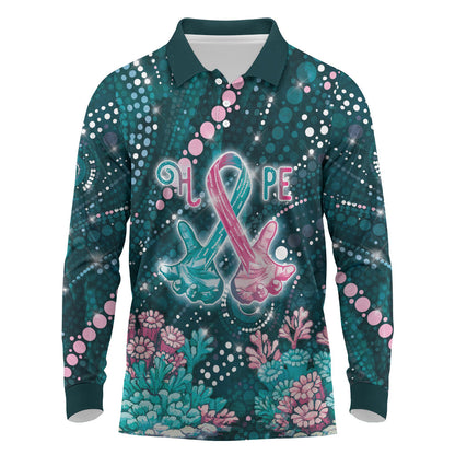 Personalised Hereditary Cancer Support Long Sleeve Polo Shirt Hope Ribbon With Aussie Teal Duncan Coral