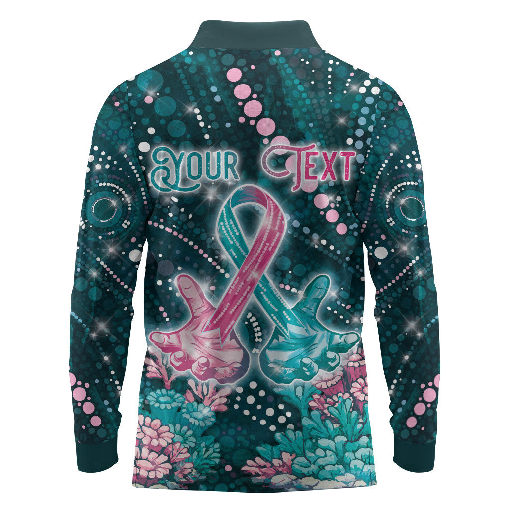 Personalised Hereditary Cancer Support Long Sleeve Polo Shirt Hope Ribbon With Aussie Teal Duncan Coral
