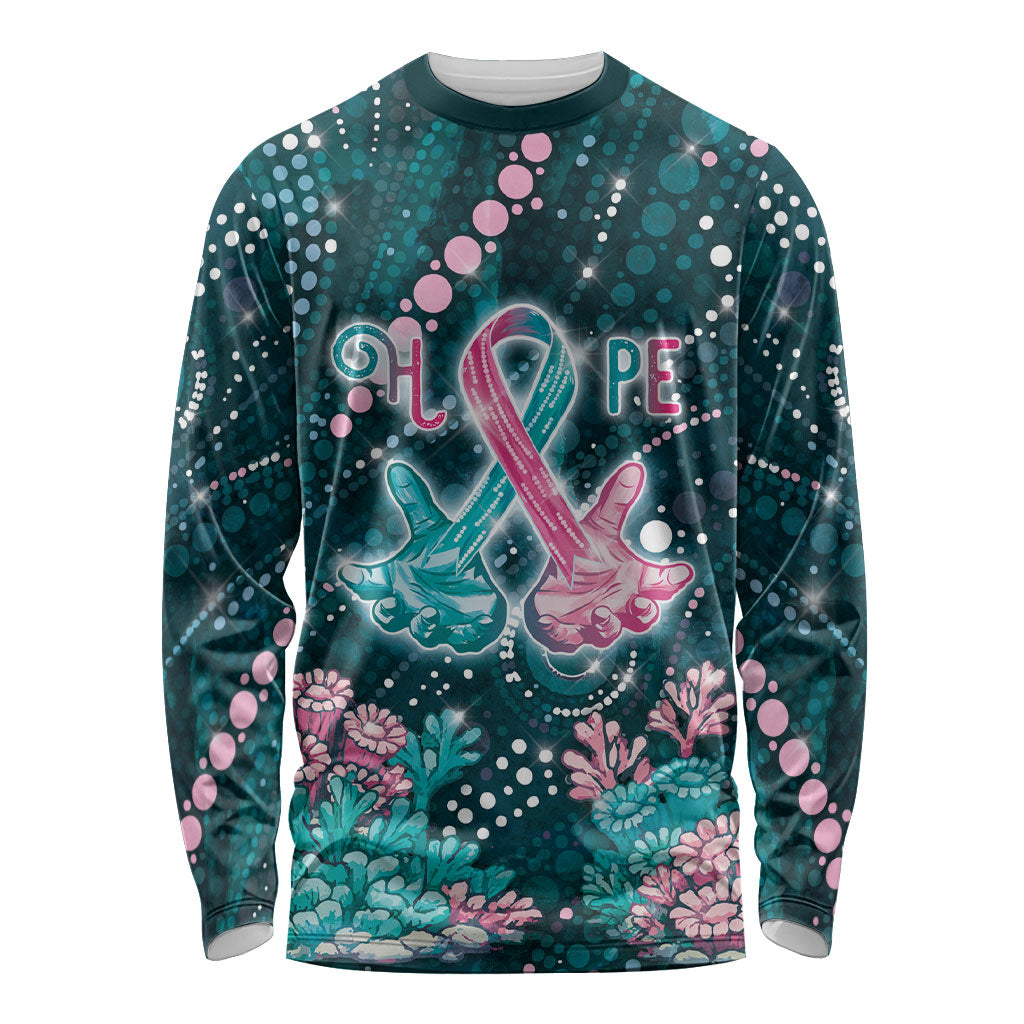 Personalised Hereditary Cancer Support Long Sleeve Shirt Hope Ribbon With Aussie Teal Duncan Coral