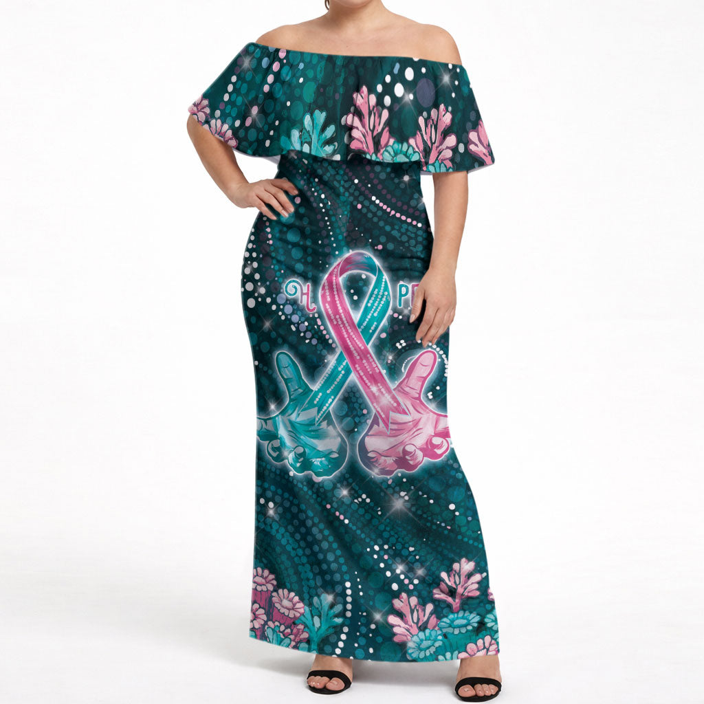 Personalised Hereditary Cancer Support Off Shoulder Maxi Dress Hope Ribbon With Aussie Teal Duncan Coral