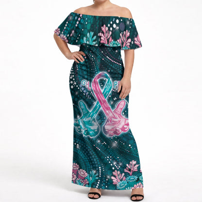 Personalised Hereditary Cancer Support Off Shoulder Maxi Dress Hope Ribbon With Aussie Teal Duncan Coral