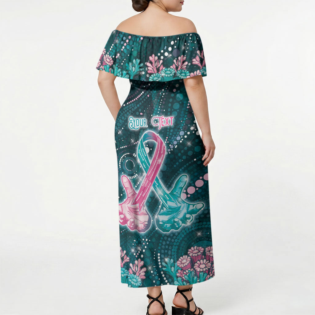 Personalised Hereditary Cancer Support Off Shoulder Maxi Dress Hope Ribbon With Aussie Teal Duncan Coral