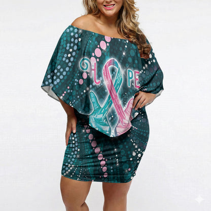 Personalised Hereditary Cancer Support Off Shoulder Short Dress Hope Ribbon With Aussie Teal Duncan Coral