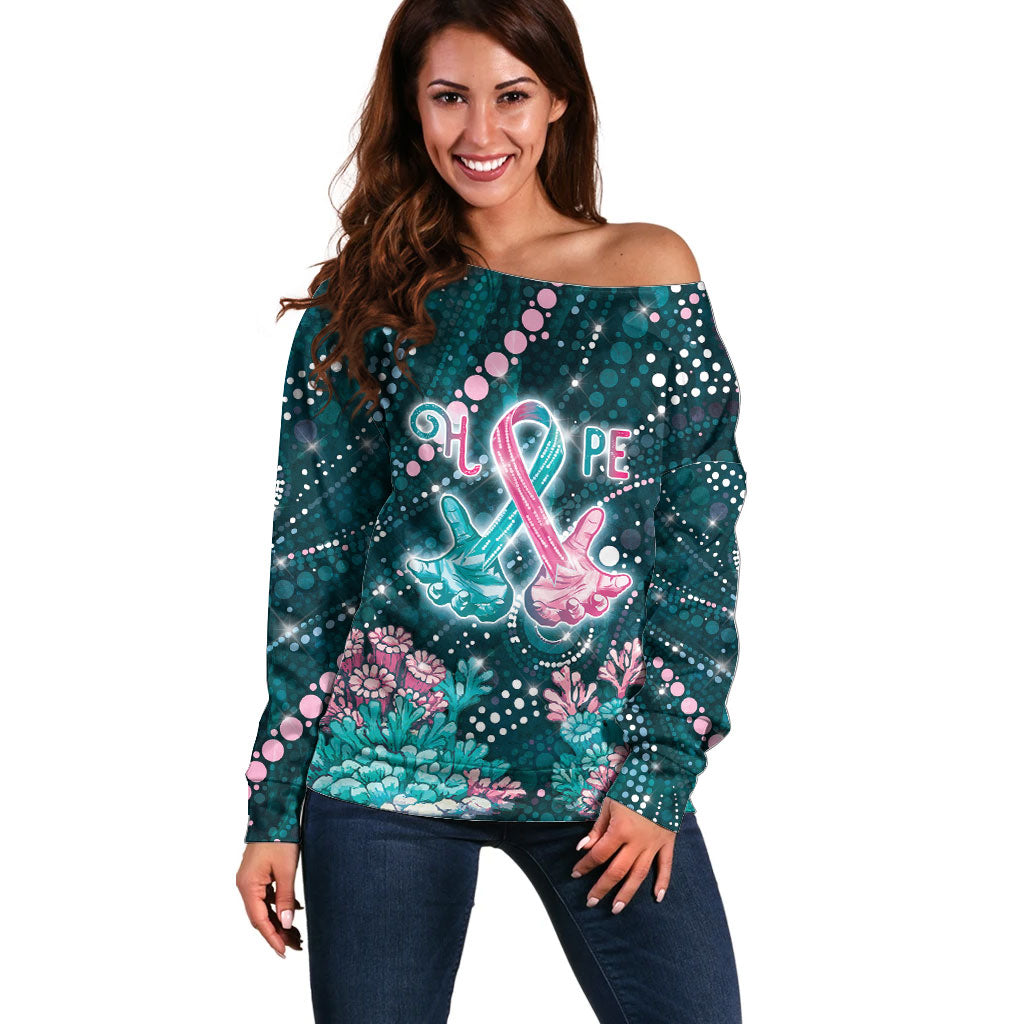 Personalised Hereditary Cancer Support Off Shoulder Sweater Hope Ribbon With Aussie Teal Duncan Coral