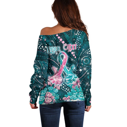 Personalised Hereditary Cancer Support Off Shoulder Sweater Hope Ribbon With Aussie Teal Duncan Coral