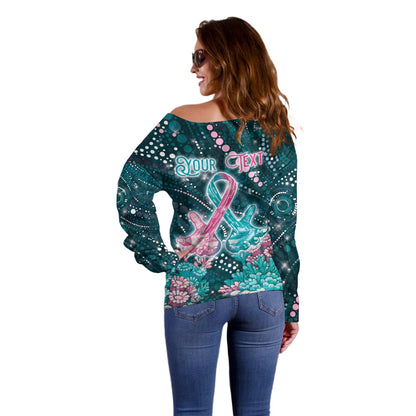 Personalised Hereditary Cancer Support Off Shoulder Sweater Hope Ribbon With Aussie Teal Duncan Coral