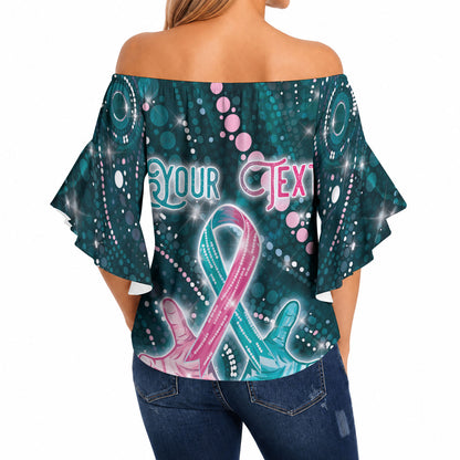 Personalised Hereditary Cancer Support Off Shoulder Wrap Waist Top Hope Ribbon With Aussie Teal Duncan Coral