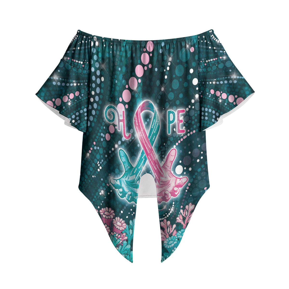 Personalised Hereditary Cancer Support Off Shoulder Wrap Waist Top Hope Ribbon With Aussie Teal Duncan Coral