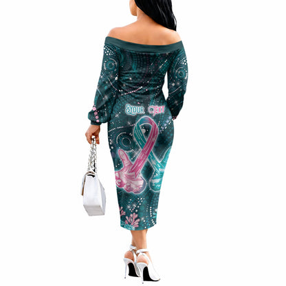 Personalised Hereditary Cancer Support Off The Shoulder Long Sleeve Dress Hope Ribbon With Aussie Teal Duncan Coral