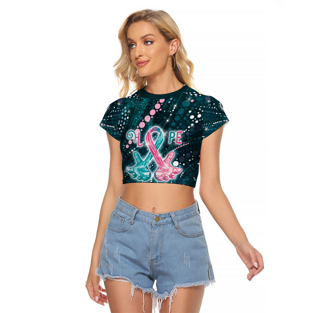 Personalised Hereditary Cancer Support Raglan Cropped T Shirt Hope Ribbon With Aussie Teal Duncan Coral