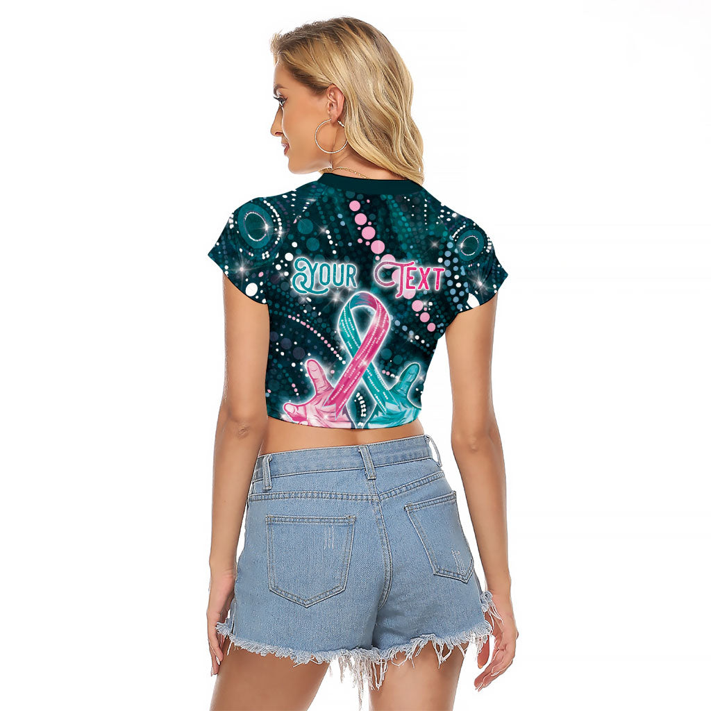 Personalised Hereditary Cancer Support Raglan Cropped T Shirt Hope Ribbon With Aussie Teal Duncan Coral