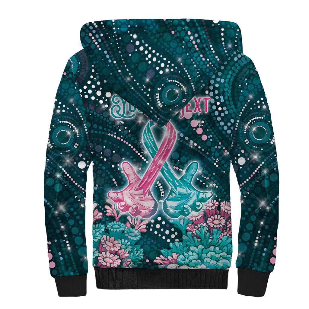 Personalised Hereditary Cancer Support Sherpa Hoodie Hope Ribbon With Aussie Teal Duncan Coral
