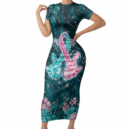 Personalised Hereditary Cancer Support Short Sleeve Bodycon Dress Hope Ribbon With Aussie Teal Duncan Coral