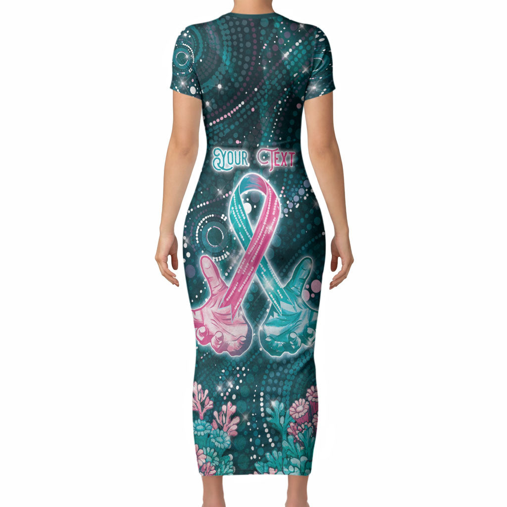 Personalised Hereditary Cancer Support Short Sleeve Bodycon Dress Hope Ribbon With Aussie Teal Duncan Coral