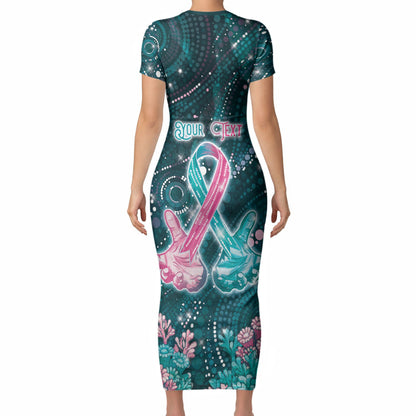 Personalised Hereditary Cancer Support Short Sleeve Bodycon Dress Hope Ribbon With Aussie Teal Duncan Coral