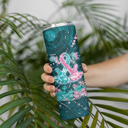 Personalised Hereditary Cancer Support Skinny Tumbler Hope Ribbon With Aussie Teal Duncan Coral