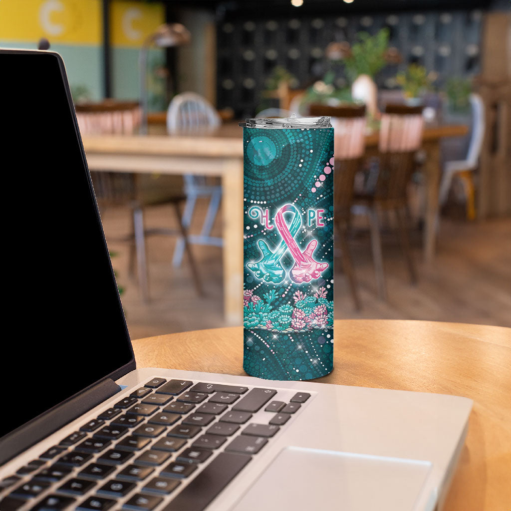 Personalised Hereditary Cancer Support Skinny Tumbler Hope Ribbon With Aussie Teal Duncan Coral