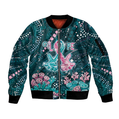 Personalised Hereditary Cancer Support Sleeve Zip Bomber Jacket Hope Ribbon With Aussie Teal Duncan Coral
