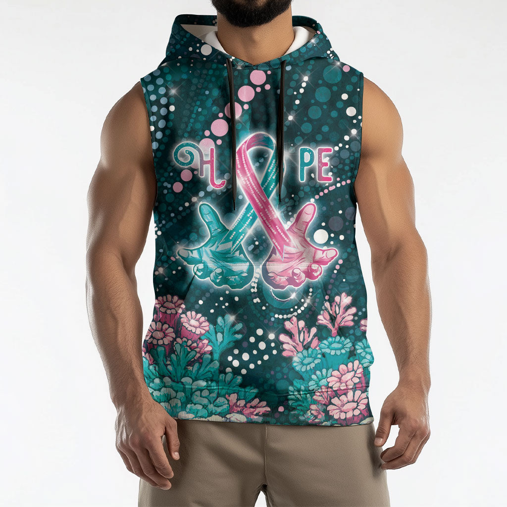 Personalised Hereditary Cancer Support Sleeveless Hoodie Hope Ribbon With Aussie Teal Duncan Coral