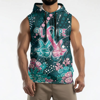 Personalised Hereditary Cancer Support Sleeveless Hoodie Hope Ribbon With Aussie Teal Duncan Coral