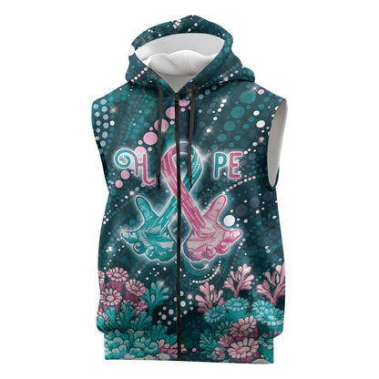 Personalised Hereditary Cancer Support Sleeveless Zip Hoodie Hope Ribbon With Aussie Teal Duncan Coral