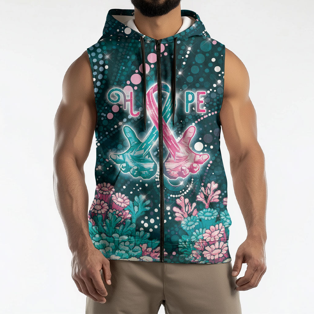 Personalised Hereditary Cancer Support Sleeveless Zip Hoodie Hope Ribbon With Aussie Teal Duncan Coral