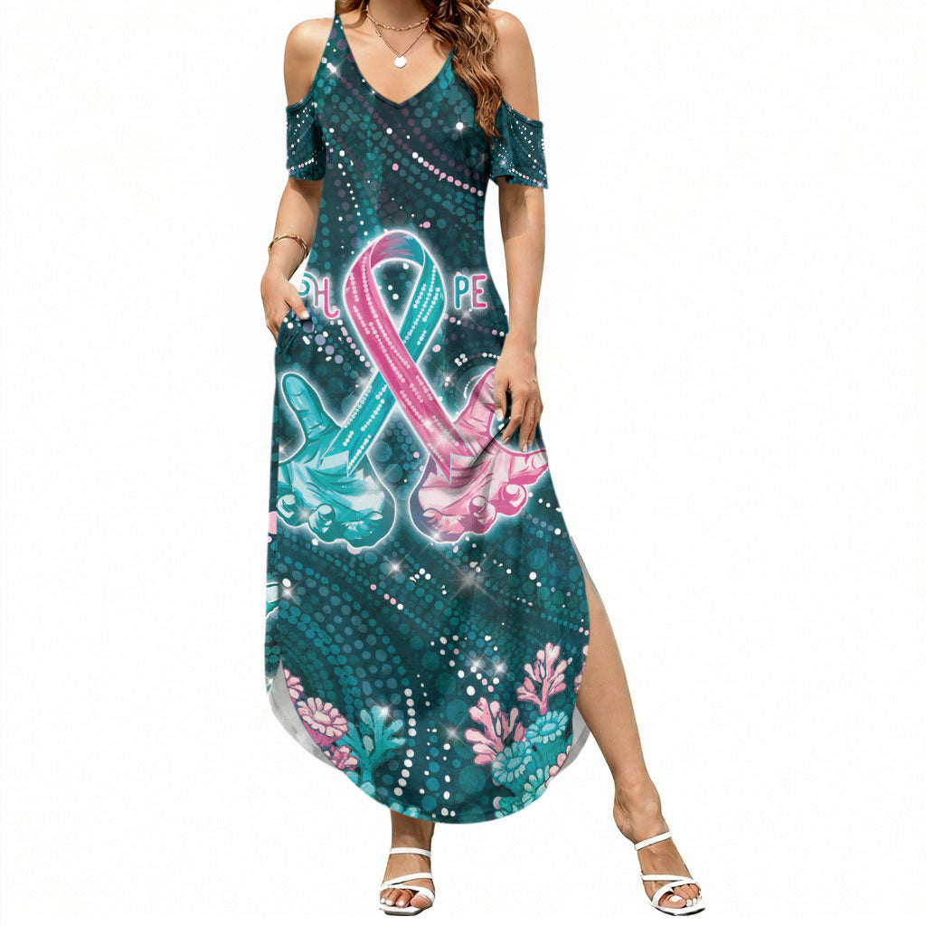 Personalised Hereditary Cancer Support Summer Maxi Dress Hope Ribbon With Aussie Teal Duncan Coral