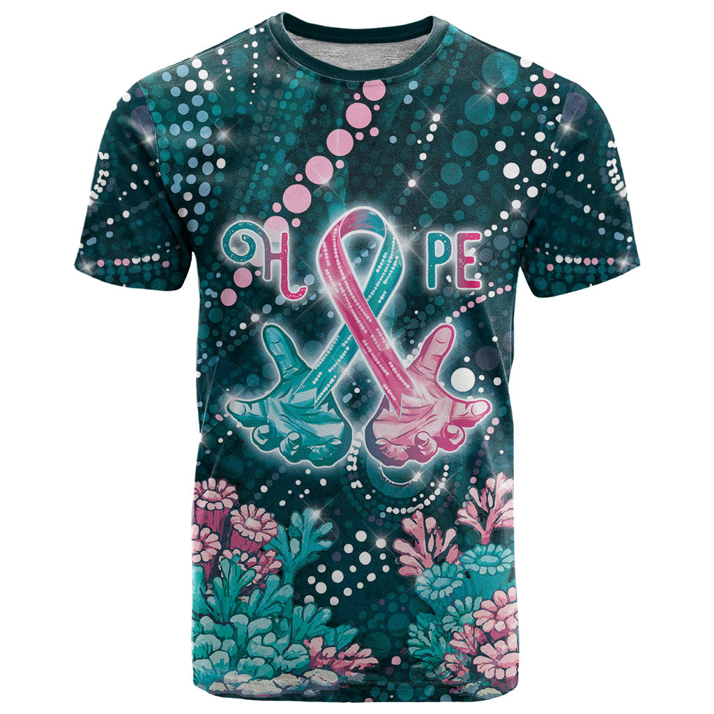 Personalised Hereditary Cancer Support T Shirt Hope Ribbon With Aussie Teal Duncan Coral