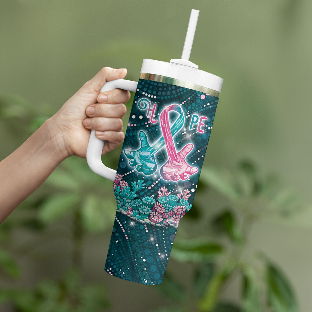 Personalised Hereditary Cancer Support Tumbler With Handle Hope Ribbon With Aussie Teal Duncan Coral