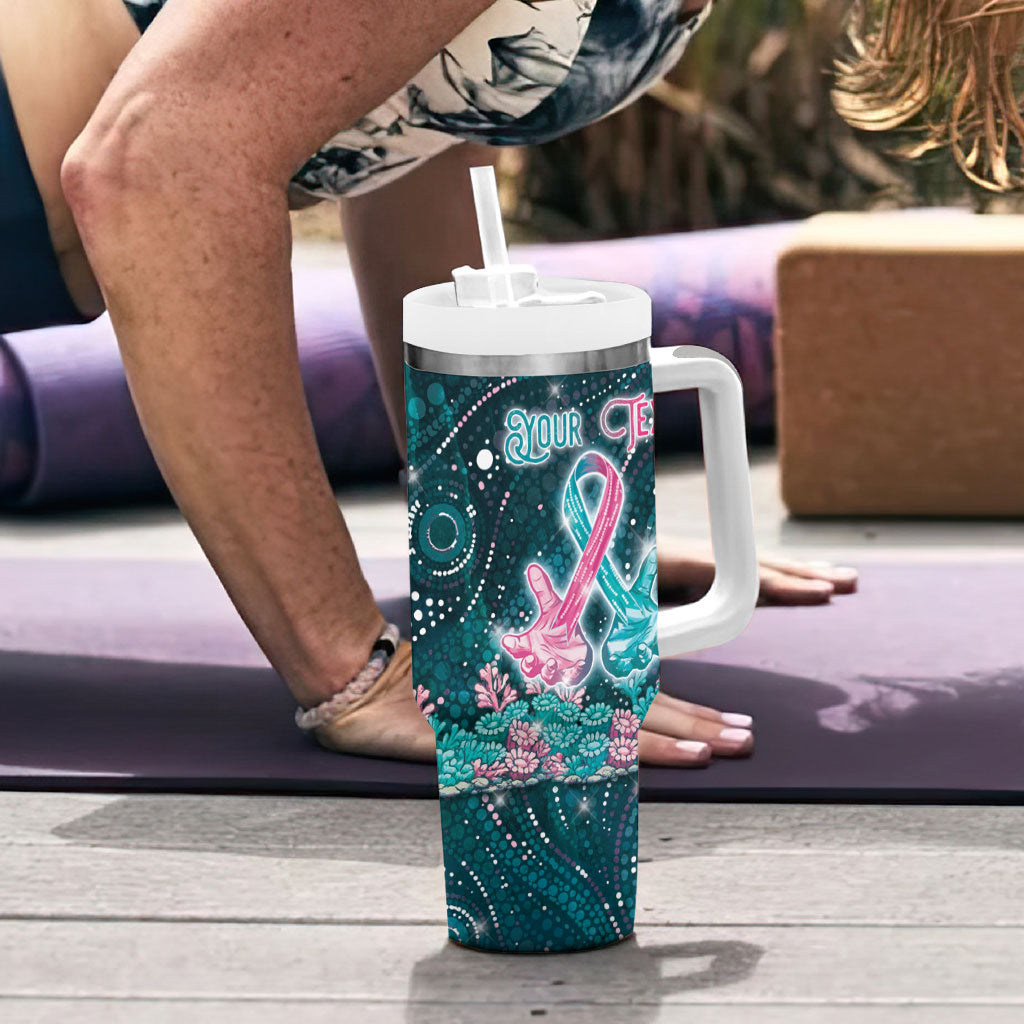 Personalised Hereditary Cancer Support Tumbler With Handle Hope Ribbon With Aussie Teal Duncan Coral