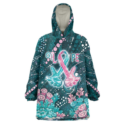 Personalised Hereditary Cancer Support Wearable Blanket Hoodie Hope Ribbon With Aussie Teal Duncan Coral