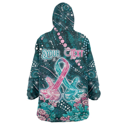 Personalised Hereditary Cancer Support Wearable Blanket Hoodie Hope Ribbon With Aussie Teal Duncan Coral